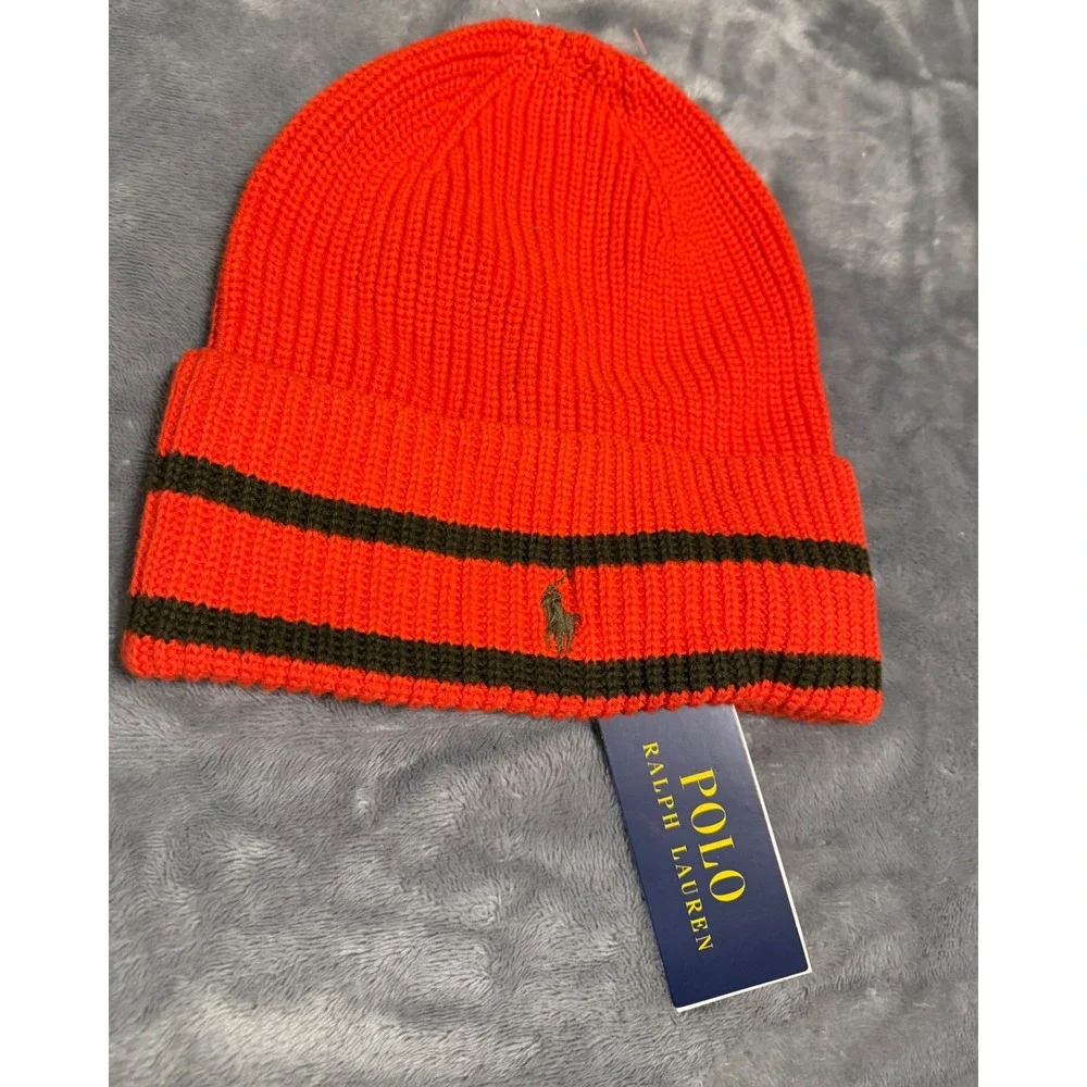 Polo Ralph Lauren Kids Orange Green Striped Ribbed Knit Beanie Hat OS 8-20 NEW